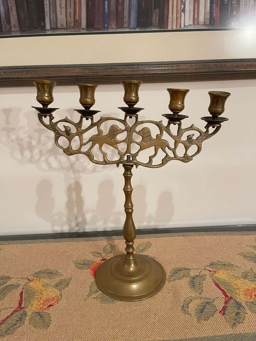 Vintage Brass 5-Arm Candelabra with Lion Motif 15-inch Tall